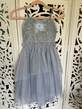 Jofolie Aryana Girls' Light Blue Smoke Floral Lace Tulle Dress. Size 7